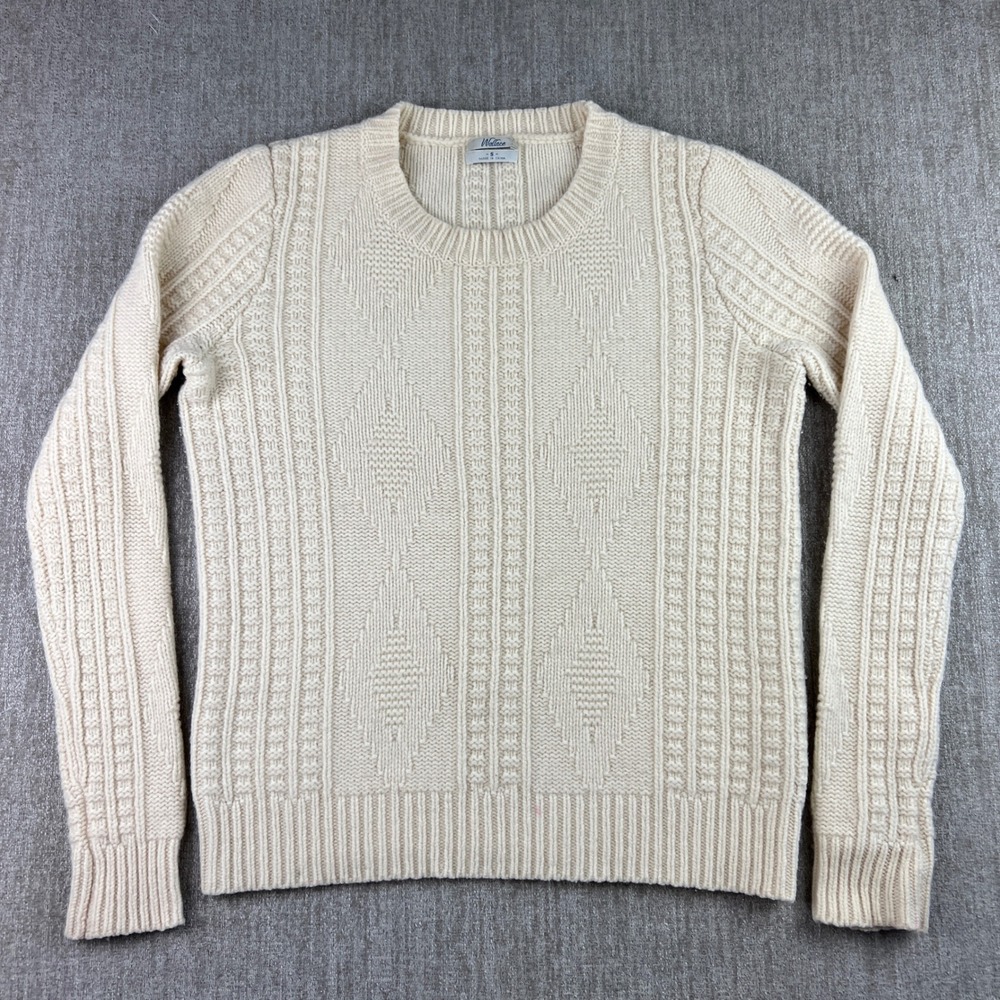 Wallace J Crew Sweater Womens Small Cream Merino Wool Cable Knit Crewneck Preppy